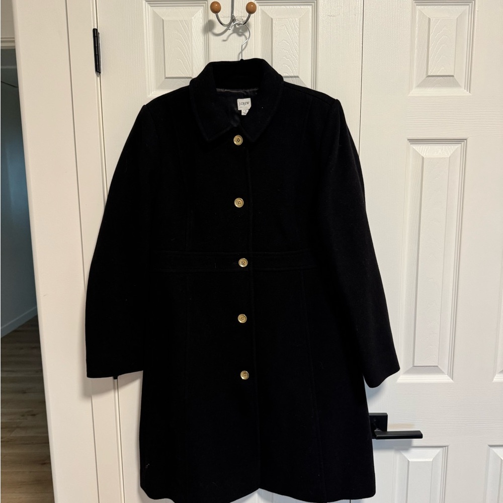 J Crew Women’s Lady Coat, size 14, black with gold buttons